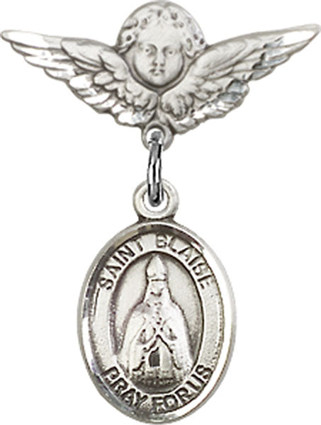 Sterling Silver Baby Badge with St. Blaise Charm and Angel w/Wings Badge Pin
