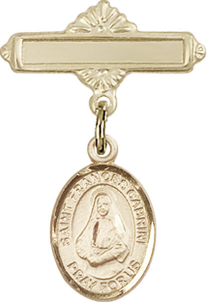 14kt Gold Filled Baby Badge with St. Frances Cabrini Charm and Polished Badge Pin