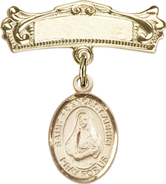 14kt Gold Filled Baby Badge with St. Frances Cabrini Charm and Arched Polished Badge Pin