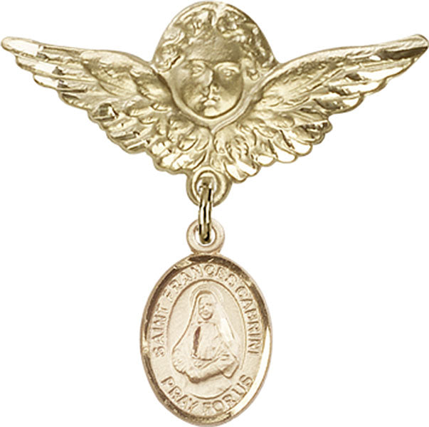 14kt Gold Filled Baby Badge with St. Frances Cabrini Charm and Angel w/Wings Badge Pin
