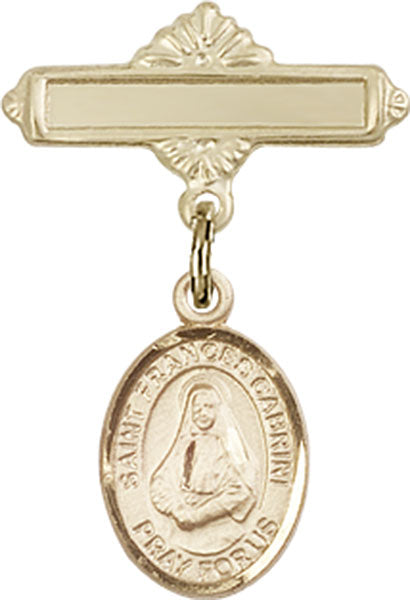 14kt Gold Baby Badge with St. Frances Cabrini Charm and Polished Badge Pin