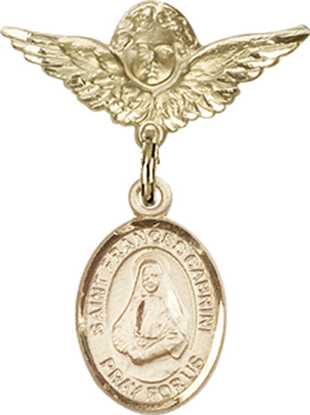 14kt Gold Baby Badge with St. Frances Cabrini Charm and Angel w/Wings Badge Pin