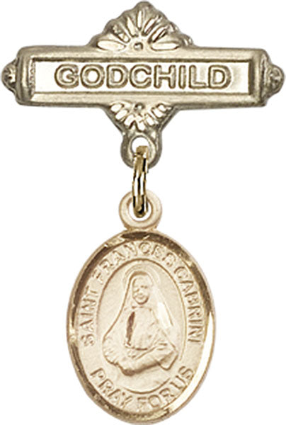 14kt Gold Baby Badge with St. Frances Cabrini Charm and Godchild Badge Pin