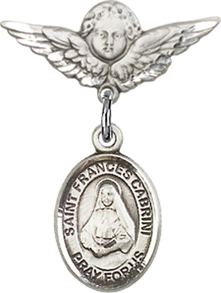 Sterling Silver Baby Badge with St. Frances Cabrini Charm and Angel w/Wings Badge Pin
