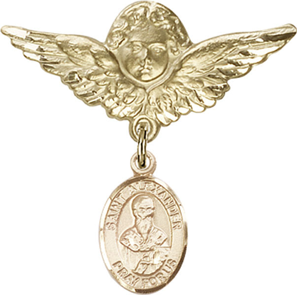 14kt Gold Baby Badge with St. Alexander Sauli Charm and Angel w/Wings Badge Pin