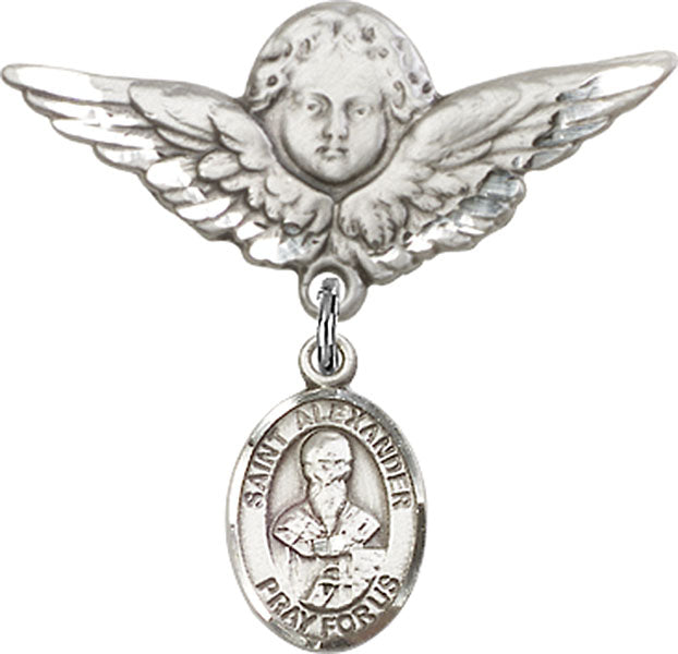 Sterling Silver Baby Badge with St. Alexander Sauli Charm and Angel w/Wings Badge Pin