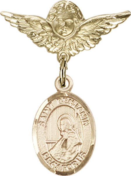 14kt Gold Baby Badge with St. Benjamin Charm and Angel w/Wings Badge Pin
