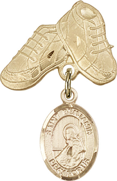 14kt Gold Baby Badge with St. Benjamin Charm and Baby Boots Pin