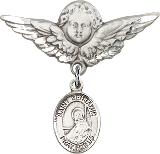 Sterling Silver Baby Badge with St. Benjamin Charm and Angel w/Wings Badge Pin