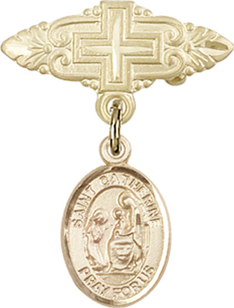 14kt Gold Filled Baby Badge with St. Catherine of Siena Charm and Badge Pin with Cross