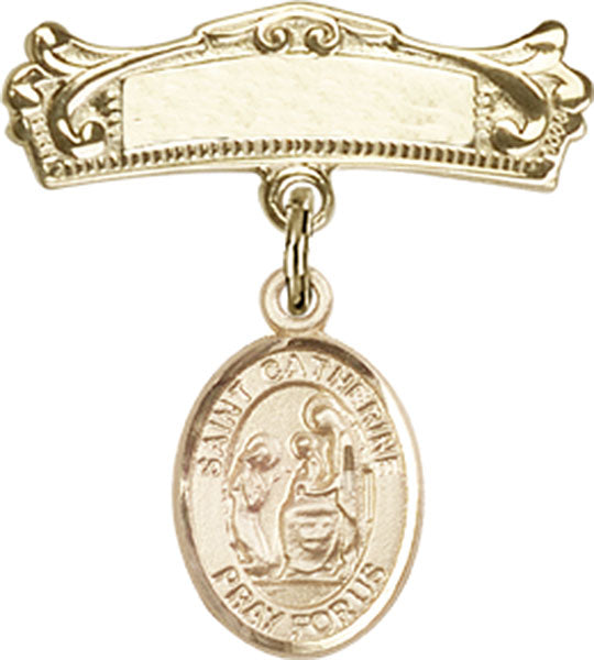14kt Gold Filled Baby Badge with St. Catherine of Siena Charm and Arched Polished Badge Pin