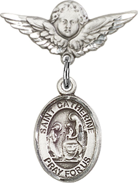Sterling Silver Baby Badge with St. Catherine of Siena Charm and Angel w/Wings Badge Pin