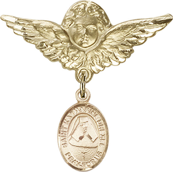 14kt Gold Filled Baby Badge with St. Katherine Drexel Charm and Angel w/Wings Badge Pin