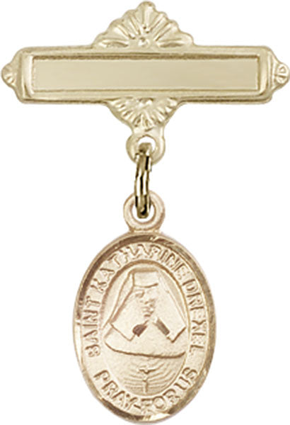 14kt Gold Baby Badge with St. Katherine Drexel Charm and Polished Badge Pin