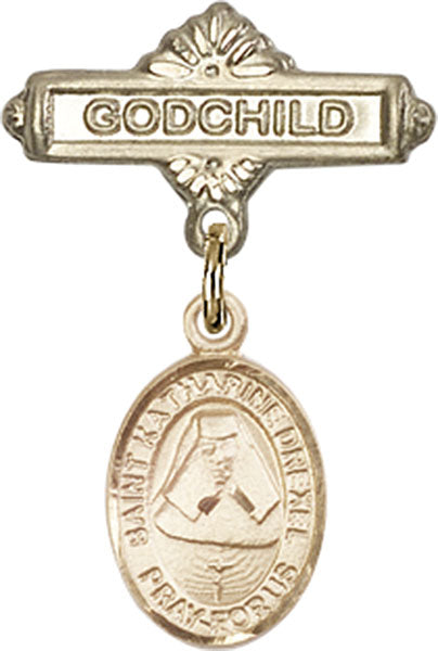 14kt Gold Baby Badge with St. Katherine Drexel Charm and Godchild Badge Pin