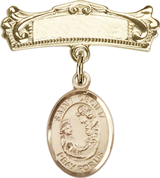 14kt Gold Filled Baby Badge with St. Cecilia Charm and Arched Polished Badge Pin
