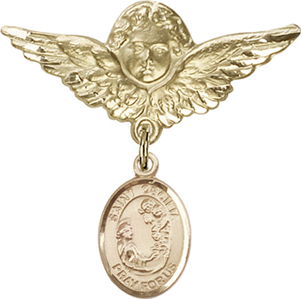 14kt Gold Filled Baby Badge with St. Cecilia Charm and Angel w/Wings Badge Pin