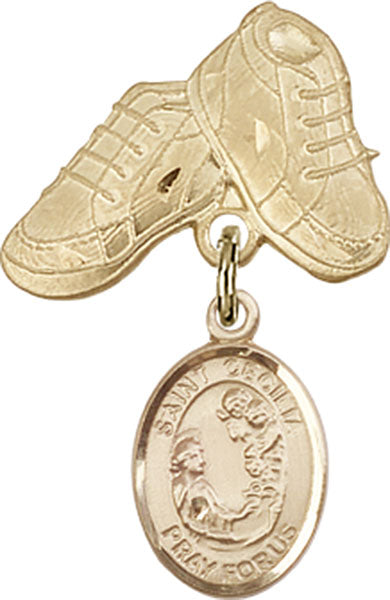 14kt Gold Filled Baby Badge with St. Cecilia Charm and Baby Boots Pin