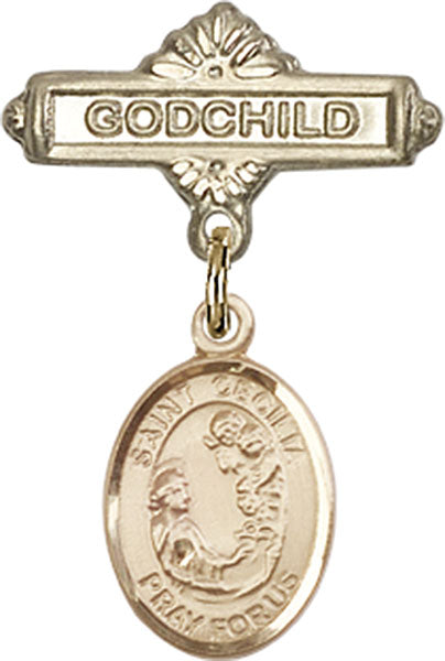 14kt Gold Baby Badge with St. Cecilia Charm and Godchild Badge Pin