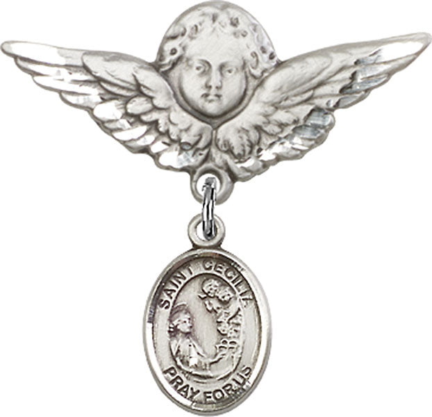 Sterling Silver Baby Badge with St. Cecilia Charm and Angel w/Wings Badge Pin