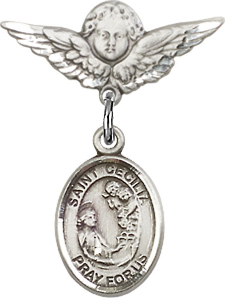 Sterling Silver Baby Badge with St. Cecilia Charm and Angel w/Wings Badge Pin