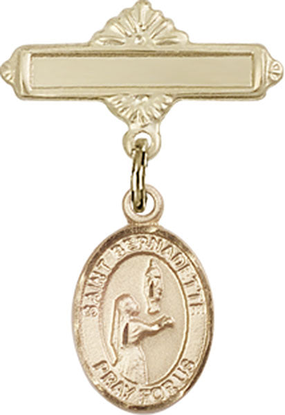 14kt Gold Filled Baby Badge with St. Bernadette Charm and Polished Badge Pin
