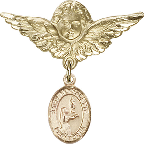 14kt Gold Filled Baby Badge with St. Bernadette Charm and Angel w/Wings Badge Pin