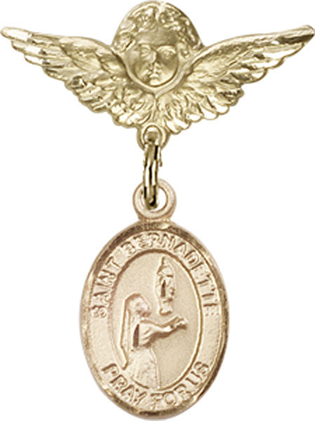 14kt Gold Filled Baby Badge with St. Bernadette Charm and Angel w/Wings Badge Pin