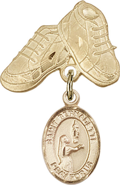 14kt Gold Filled Baby Badge with St. Bernadette Charm and Baby Boots Pin