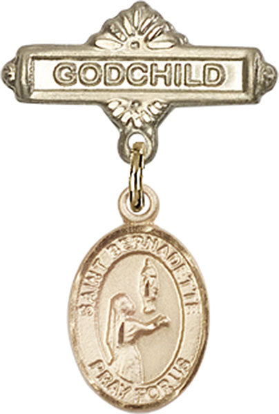 14kt Gold Baby Badge with St. Bernadette Charm and Godchild Badge Pin