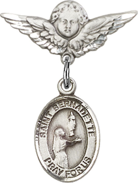 Sterling Silver Baby Badge with St. Bernadette Charm and Angel w/Wings Badge Pin