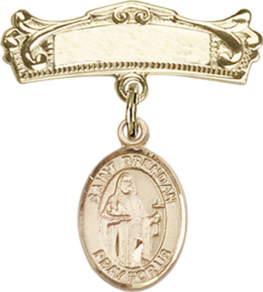 14kt Gold Baby Badge with St. Brendan the Navigator Charm and Arched Polished Badge Pin