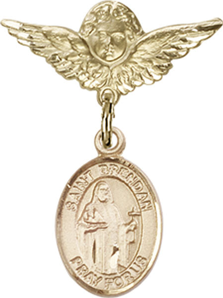 14kt Gold Baby Badge with St. Brendan the Navigator Charm and Angel w/Wings Badge Pin