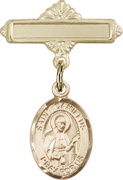 14kt Gold Filled Baby Badge with St. Camillus of Lellis Charm and Polished Badge Pin