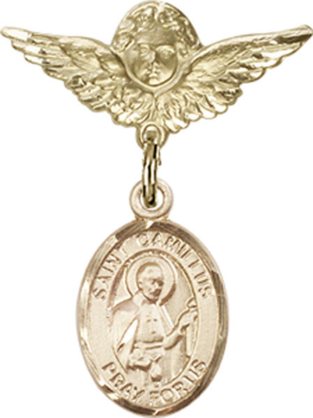 14kt Gold Baby Badge with St. Camillus of Lellis Charm and Angel w/Wings Badge Pin