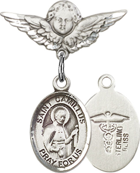 Sterling Silver Baby Badge with ST. CAMILLUS of LELLIS/Doctors Charm and Angel w/Wings Badge Pin