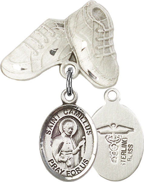 Sterling Silver Baby Badge with ST. CAMILLUS of LELLIS/Doctors Charm and Baby Boots Pin