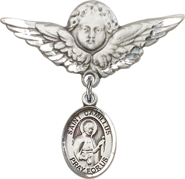 Sterling Silver Baby Badge with St. Camillus of Lellis Charm and Angel w/Wings Badge Pin