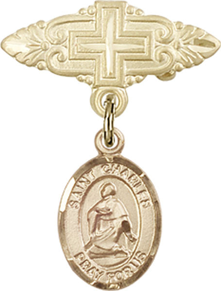 14kt Gold Filled Baby Badge with St. Charles Borromeo Charm and Badge Pin with Cross