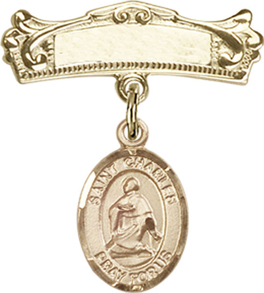 14kt Gold Filled Baby Badge with St. Charles Borromeo Charm and Arched Polished Badge Pin