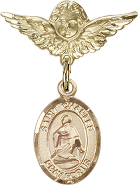 14kt Gold Filled Baby Badge with St. Charles Borromeo Charm and Angel w/Wings Badge Pin