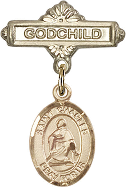 14kt Gold Filled Baby Badge with St. Charles Borromeo Charm and Godchild Badge Pin