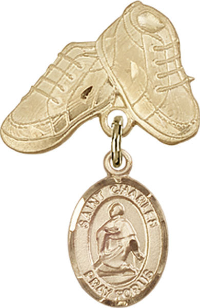 14kt Gold Filled Baby Badge with St. Charles Borromeo Charm and Baby Boots Pin