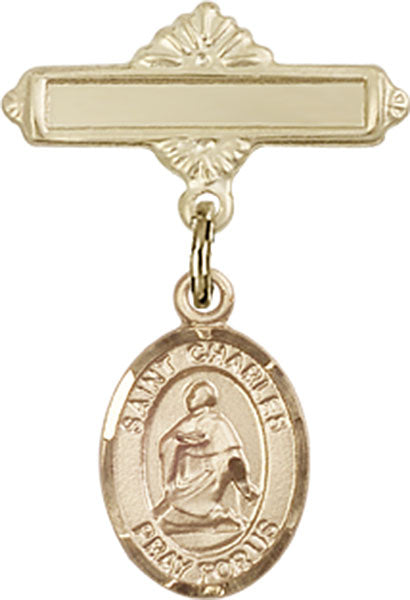 14kt Gold Baby Badge with St. Charles Borromeo Charm and Polished Badge Pin