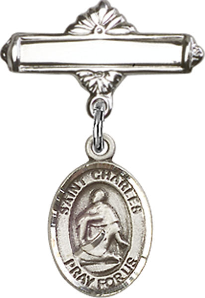Sterling Silver Baby Badge with St. Charles Borromeo Charm and Polished Badge Pin