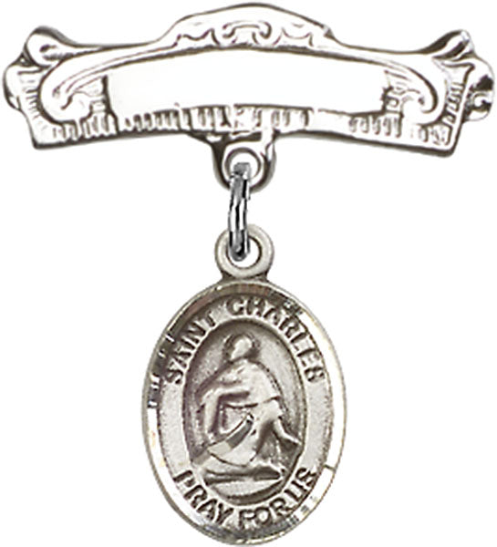 Sterling Silver Baby Badge with St. Charles Borromeo Charm and Arched Polished Badge Pin