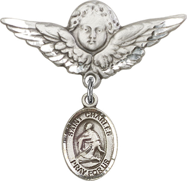 Sterling Silver Baby Badge with St. Charles Borromeo Charm and Angel w/Wings Badge Pin