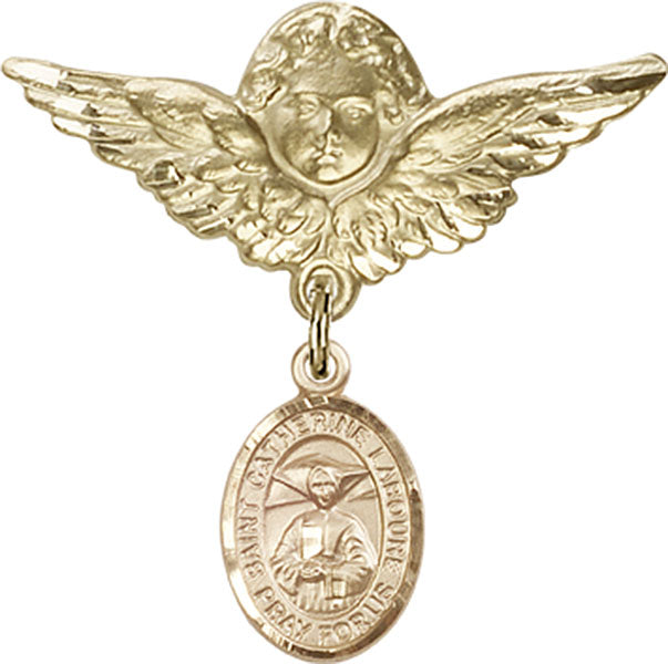 14kt Gold Filled Baby Badge with St. Catherine Laboure Charm and Angel w/Wings Badge Pin