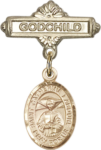 14kt Gold Filled Baby Badge with St. Catherine Laboure Charm and Godchild Badge Pin