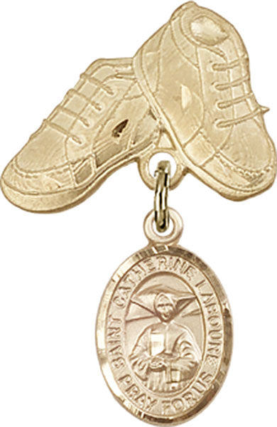 14kt Gold Filled Baby Badge with St. Catherine Laboure Charm and Baby Boots Pin